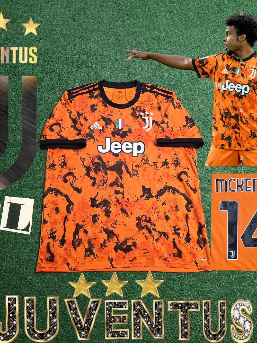Adidas Juventus FC Weston McKennie #14 2020/2021 Third Orange Camo Jersey Rare